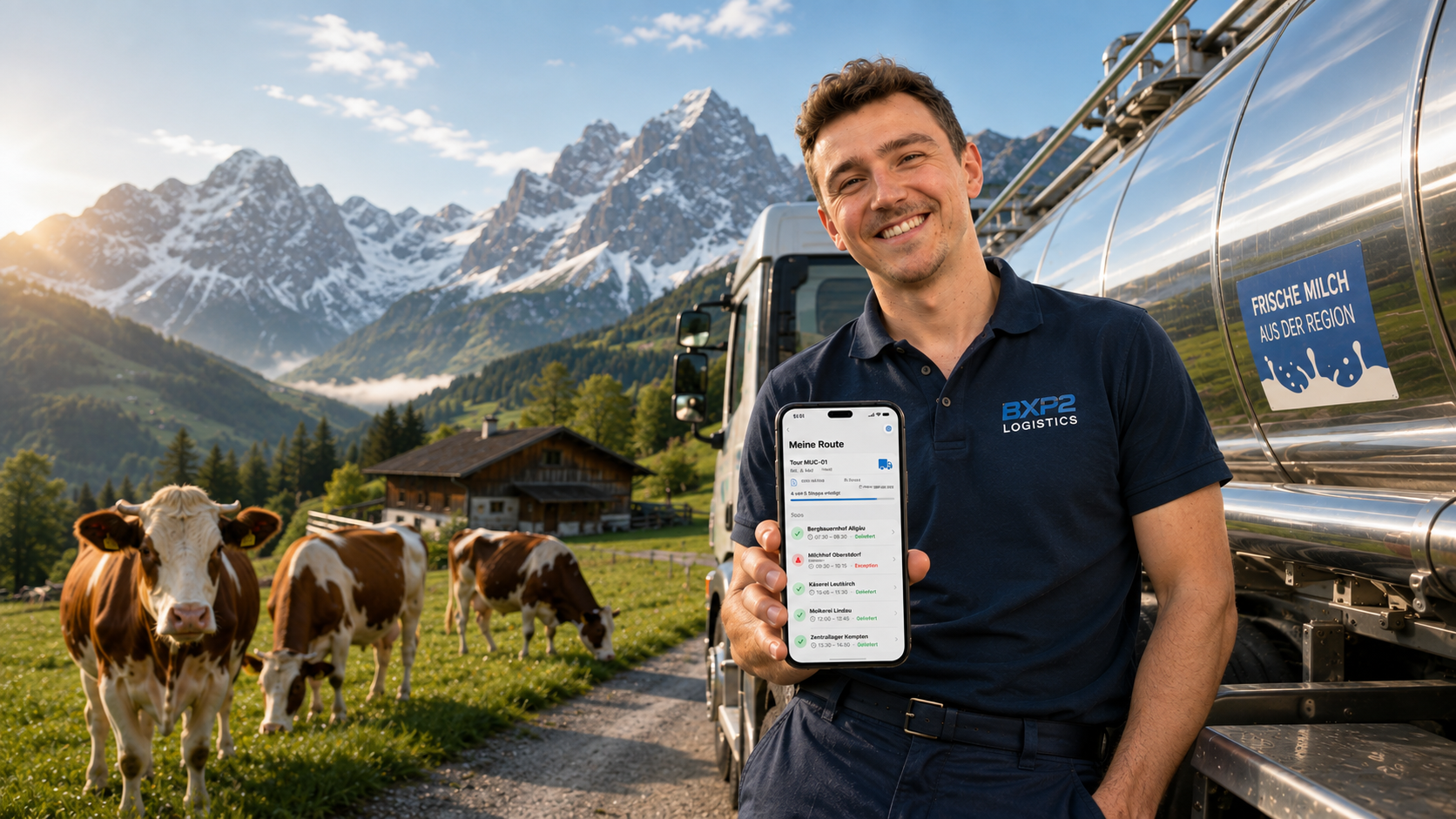 Max using the DriverConnect driver app on tour, with live stop status in SAP TM and EWM