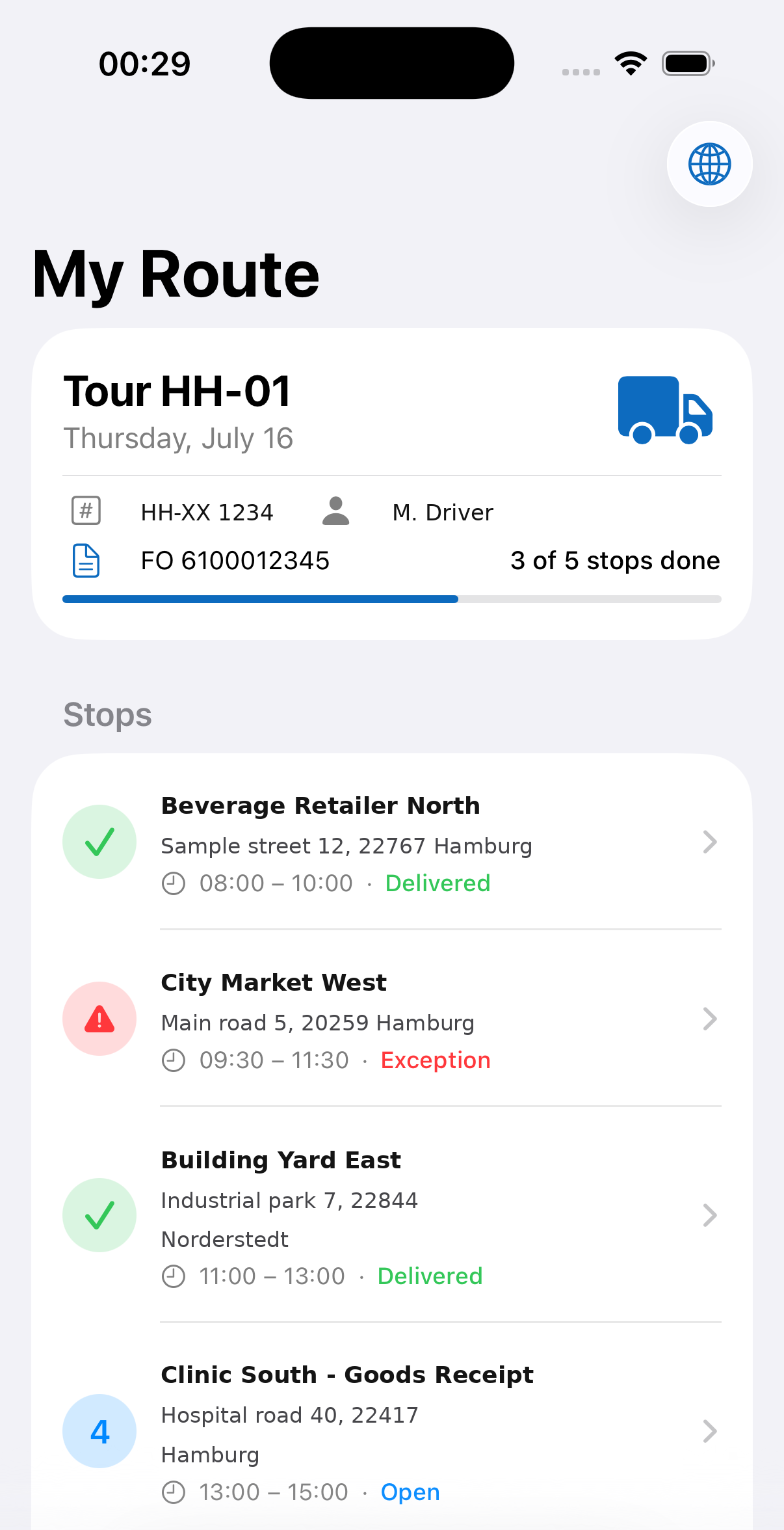 DriverConnect - tour and stop overview with live progress