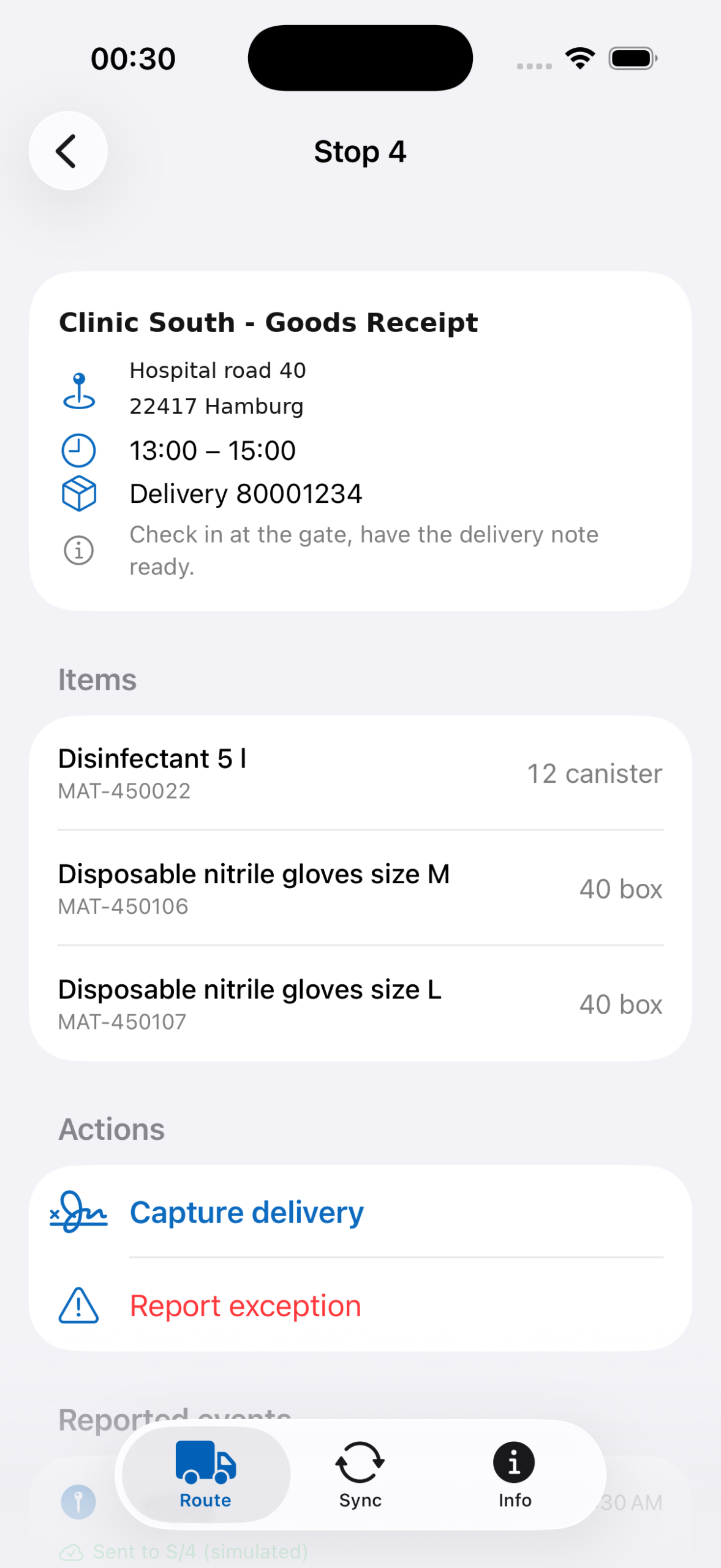 DriverConnect - stop details with delivery items and actions